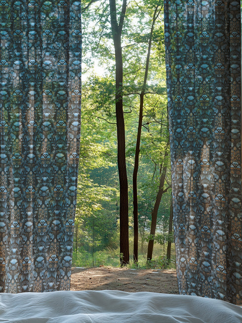 Sheer curtain panel featuring repeating gold hamsa hands surrounded by blue botanical flowers and leaves on dark navy background. Linen-textured polyester fabric filters light while providing elegant window covering with protective symbolism for bohemian or Victorian interiors.